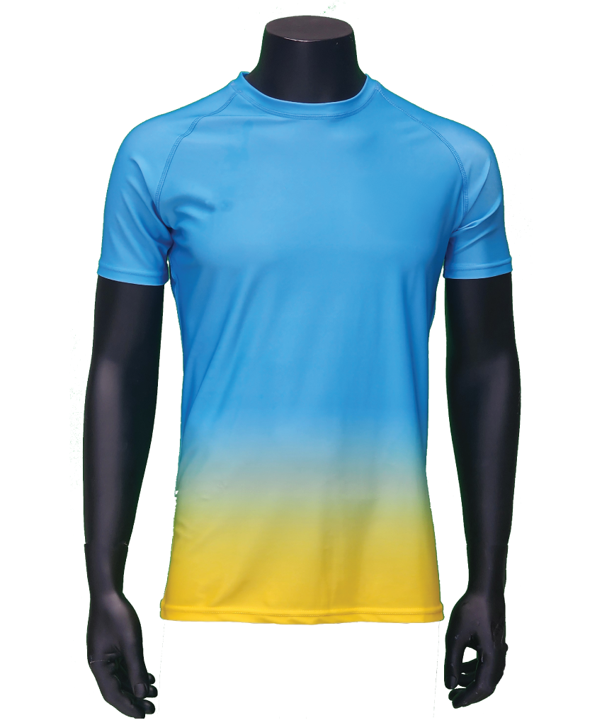 Custom short sleeve rashie with blue to yellow gradient design